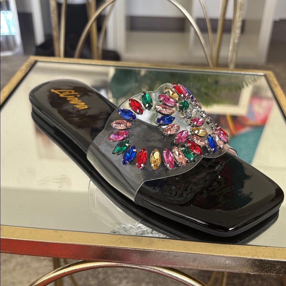 Black Slide Sandals with Multicolored Gems